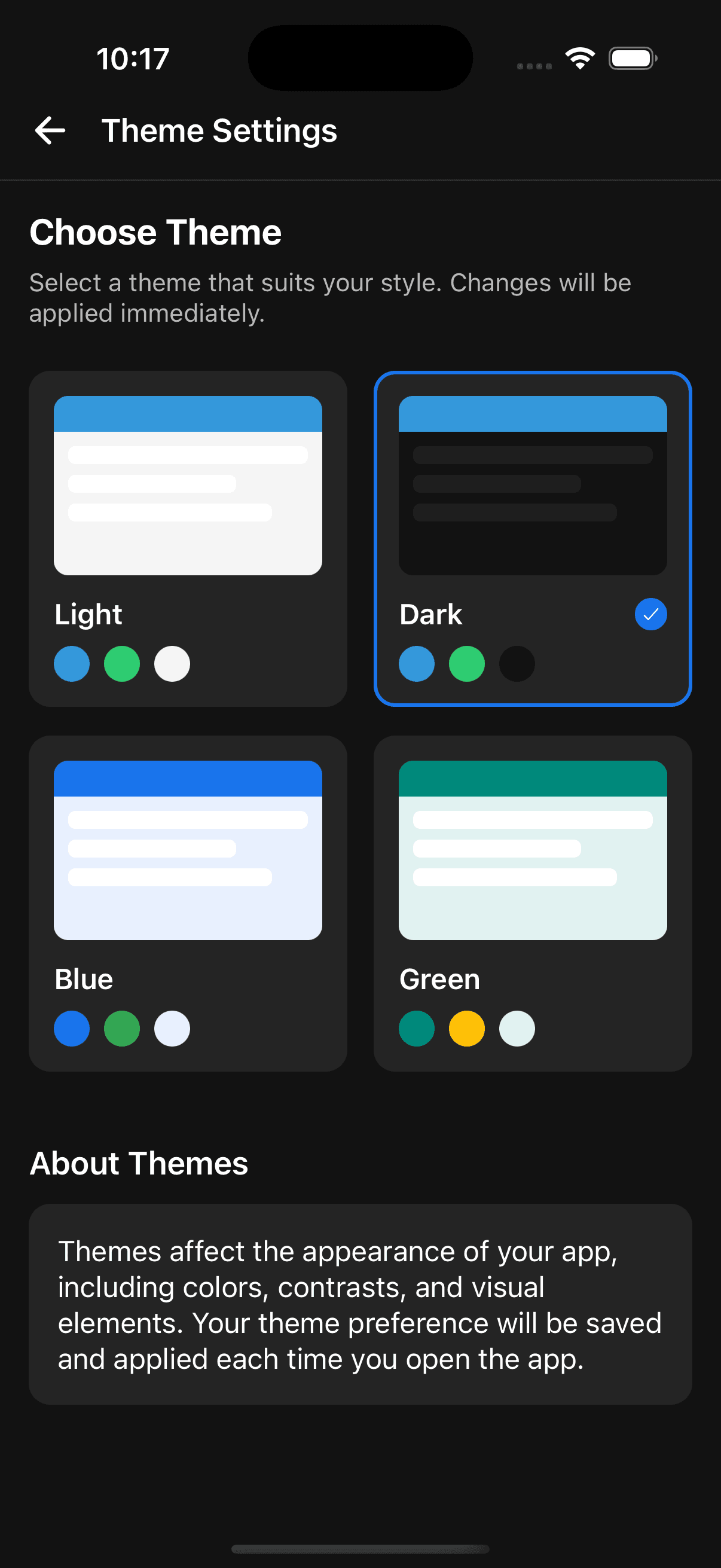 Theme customization — Light, Dark, Blue, and Green themes optimized for different clinical reading environments